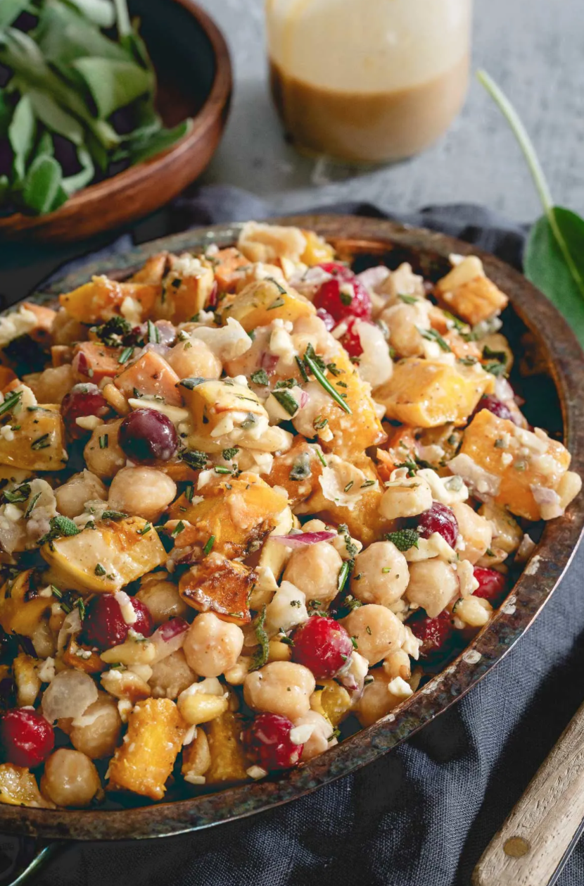 Roasted Sweet Potato, Squash and Chickpea Fall Salad With Maple Tahini Dressing